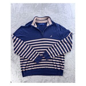 Nautica Navtech Striped Quarter Zip Sweater Mens XL Blue Beige Pullover Preppy